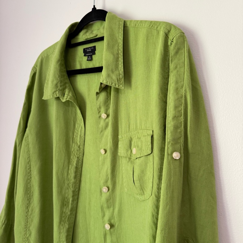 Talbots Pure Irish Linen Green Button Up Roll Tab Sleeve Blouse Shirt XL